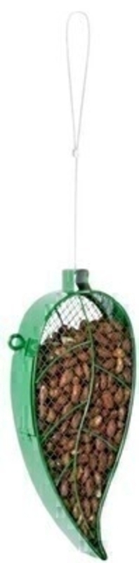 Fallen Fruits green leaf shaped nut feeder / birdfeeder. Easy to hang.  Can be filled with nuts from the top. Will look lovely hanging in any garden. Size: 13.0 x 4.8 x 28.1 cm